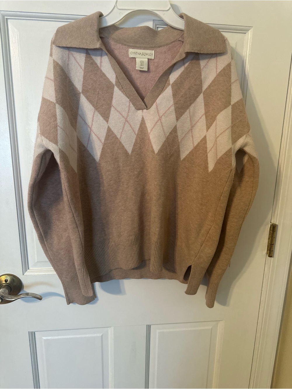 Cynthia Rowley Taupe Argyle Collared Sweater